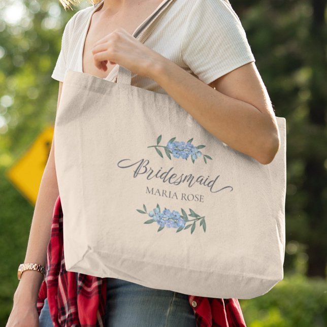 Personalised Blue Watercolor Floral Bridesmaid Large Tote Bag (Creator Uploaded)