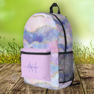 Personalised Blue Watercolor Gold Glitter Agate Printed Backpack