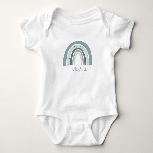 Personalised Blue Watercolor Rainbow Baby Boy Bodysuit (Front)