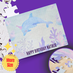 Personalised Blue Watercolor Sea and Delphine  Jigsaw Puzzle