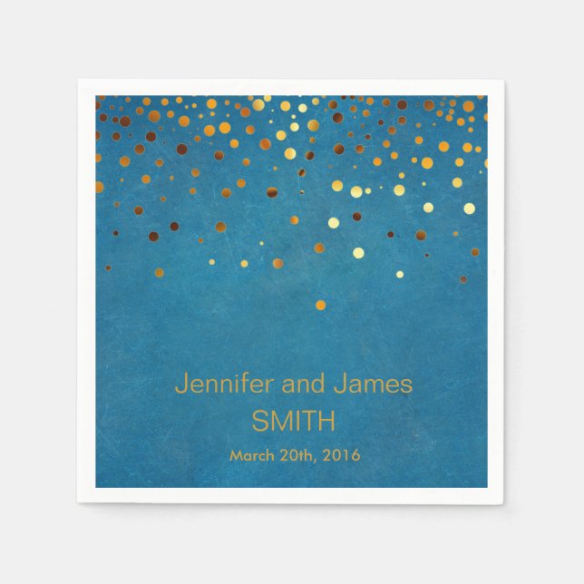 Personalised Blue Wedding Confetti Gold Glitter Napkin (Front)
