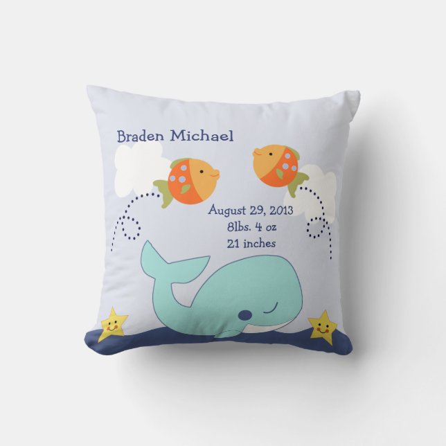Personalised Blue Whale and Fish Pillow Keepsake (Front)
