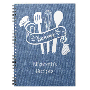 Personalised Blue White Faux Denim Baking Recipe Notebook