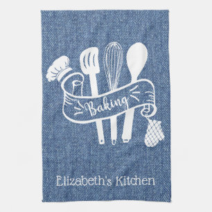 Personalised Blue White Faux Denim Baking Utensil Tea Towel