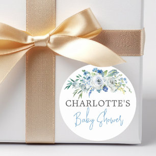 Personalised Blue White Floral Boy Baby Shower Classic Round Sticker