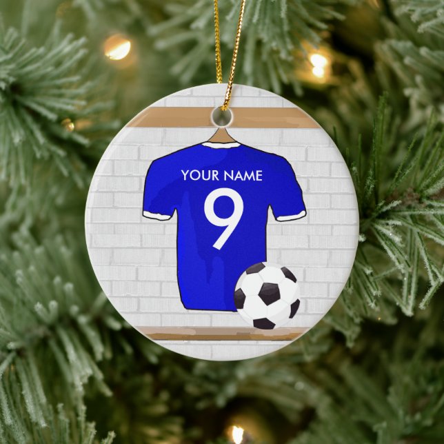 Personalised Blue White Football Soccer Jersey Ceramic Tree Decoration (Tree)