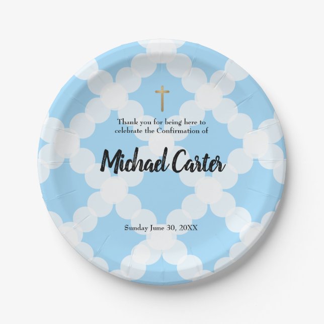 Personalised Blue White & gold cross Confirmation Paper Plate (Front)