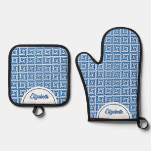 Personalised Blue White Greek Meander Key Oven Mitt & Pot Holder Set