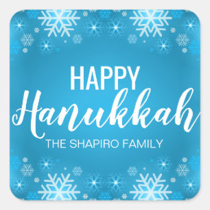 Personalised Blue White HAPPY HANUKKAH Snowflakes Square Sticker