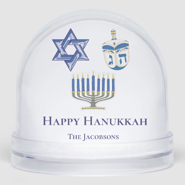 Personalised Blue & White Happy Hanukkah Snowglobe (Front)