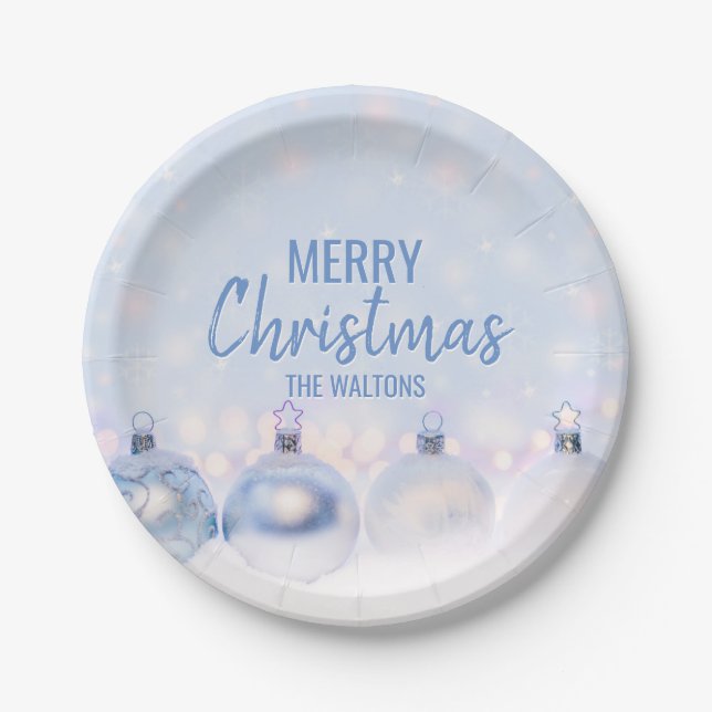 Personalised BLUE White MERRY CHRISTMAS Ornaments Paper Plate (Front)