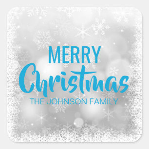 Personalised Blue White MERRY CHRISTMAS Snowflakes Square Sticker