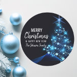 Personalised BLUE White MERRY CHRISTMAS Tree Classic Round Sticker<br><div class="desc">Add these modern & personalised BLUE white Christmas holiday and happy new year stickers to your greeting cards,  envelopes .  Christmas tree in blue white twinkling lights. Editable text - colour,  font and size.</div>