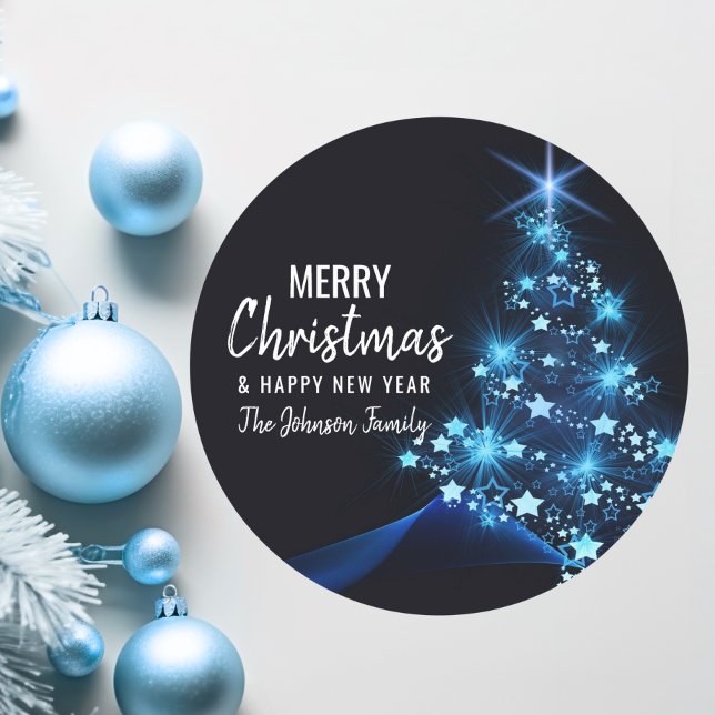 Personalised BLUE White MERRY CHRISTMAS Tree Classic Round Sticker (Personalized BLUE White MERRY CHRISTMAS Tree Classic Round Sticker)