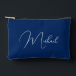 Personalised Blue White Monogram Makeup Cosmetic Accessory Pouch<br><div class="desc">Create your own custom, personalised, beautiful modern elegant white script / typography monogram monogrammed, durable Spun Polyester, mens womens dark navy blue zippered cosmetic makeup toiletry bag golf beach accessory pouch. Simply type in your name / initials / monogram, to customise. Make a great gift for birthday, fathers day, mothers...</div>