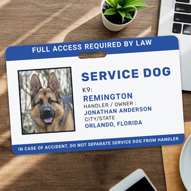 Personalised Blue White Service Dog Photo ID Badge (Creator Uploaded)