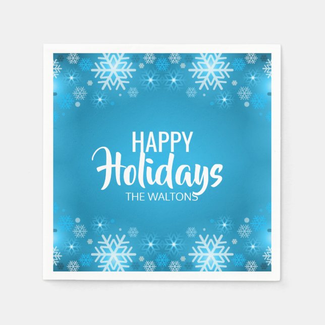 Personalised Blue White Snowflake Happy Holidays Napkin (Front)