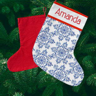 Personalised Blue White Snowflakes Red Back Small Christmas Stocking