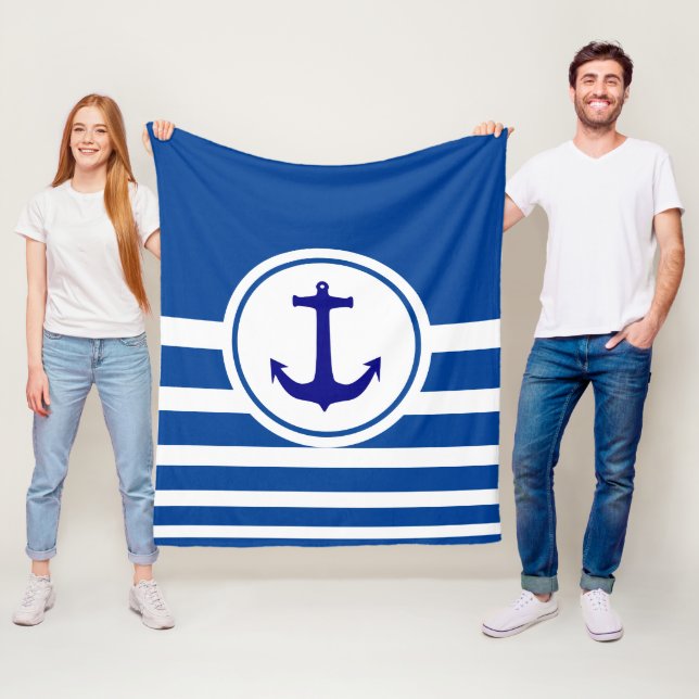 Personalised Blue & White Striped Navy Blue Anchor Fleece Blanket (In Situ)