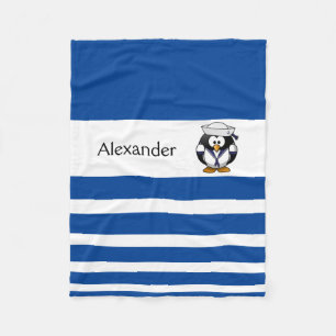 Personalised Blue & White Striped Penguin Sailor Fleece Blanket