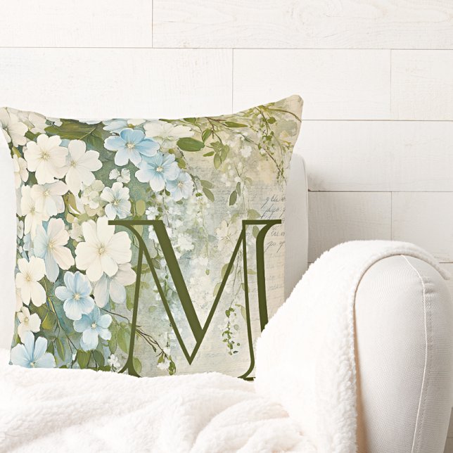 Personalised Blue White Watercolor Flowers  Cushion (Creator Uploaded)