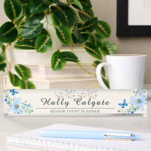 Personalised Blue Wildflower Floral Desk Name Nameplate