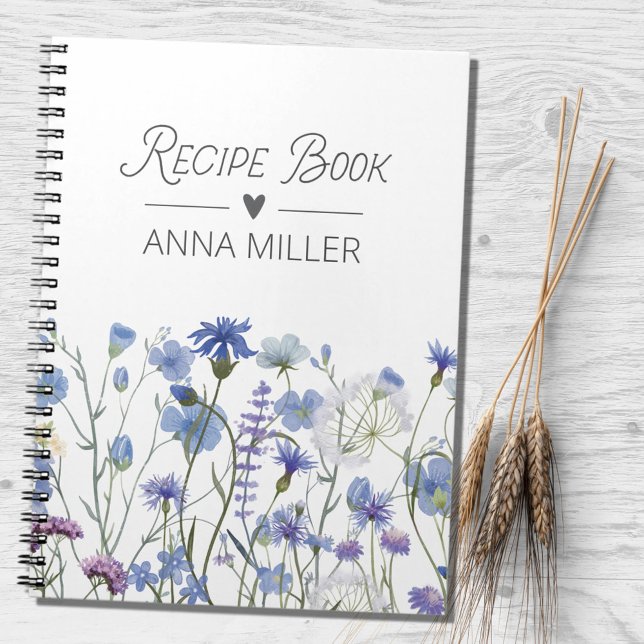 Personalised Blue Wildflower Floral Recipe Notebook (In situ)