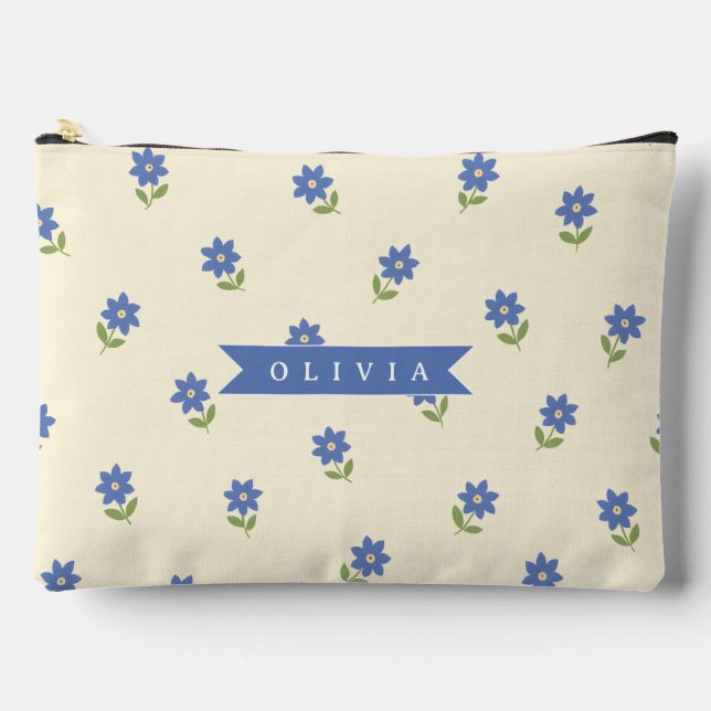 Personalised Blue Wildflower Pattern Name Gift Accessory Pouch (Front)