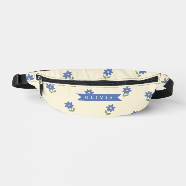 Personalised Blue Wildflower Pattern Name Gift Bum Bags (Front)
