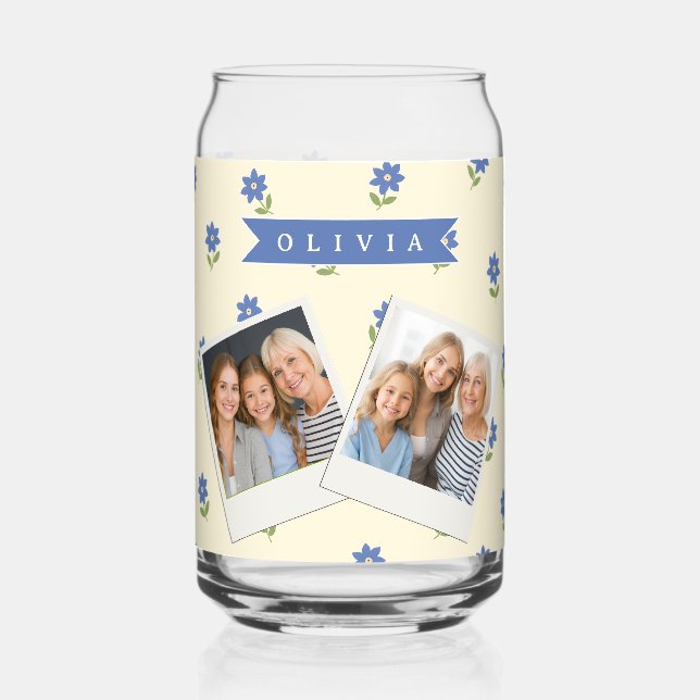 Personalised Blue Wildflower Pattern Name Gift Can Glass (Front)