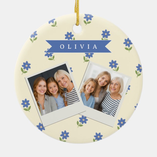 Personalised Blue Wildflower Pattern Name Gift Ceramic Tree Decoration (Back)