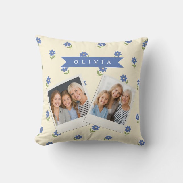 Personalised Blue Wildflower Pattern Name Gift Cushion (Front)