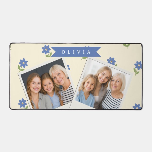 Personalised Blue Wildflower Pattern Name Gift Desk Mat (Front)