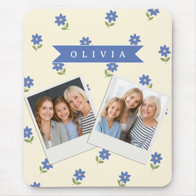 Personalised Blue Wildflower Pattern Name Gift Mouse Pad (Front)