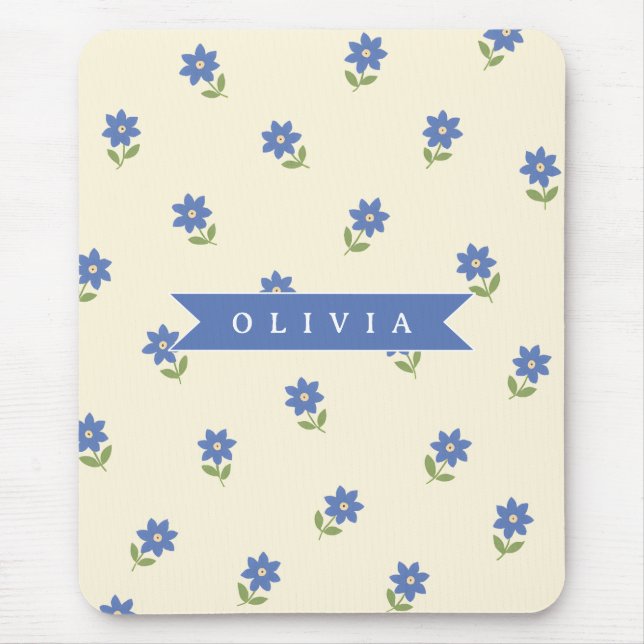 Personalised Blue Wildflower Pattern Name Gift Mouse Pad (Front)