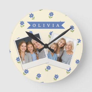 Personalised Blue Wildflower Pattern Name Gift Round Clock