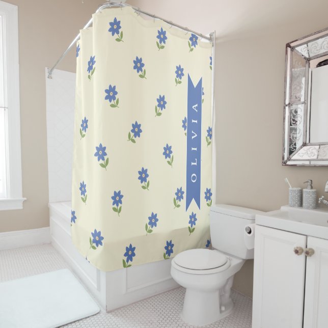 Personalised Blue Wildflower Pattern Name Gift Shower Curtain (In Situ)