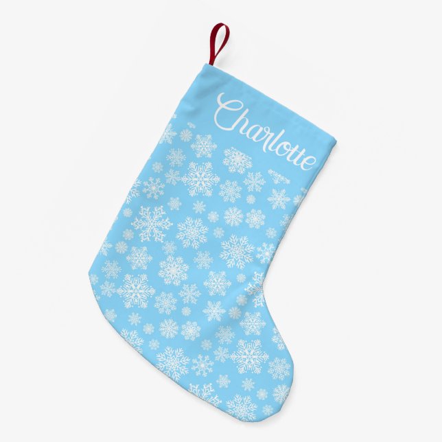 Personalised Blue Winter Snowflakes Small Christmas Stocking (Front (Hanging))