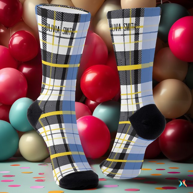 Personalised Blue, Yellow, and Black Tartan Plaid  Socks (Creator Uploaded)