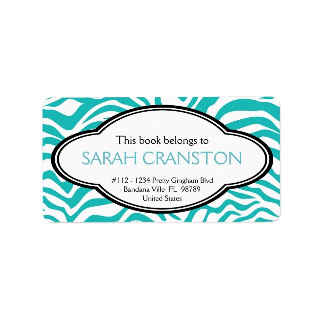 Personalised BLUE Zebra Stripes Pattern Bookplate Label (Front)