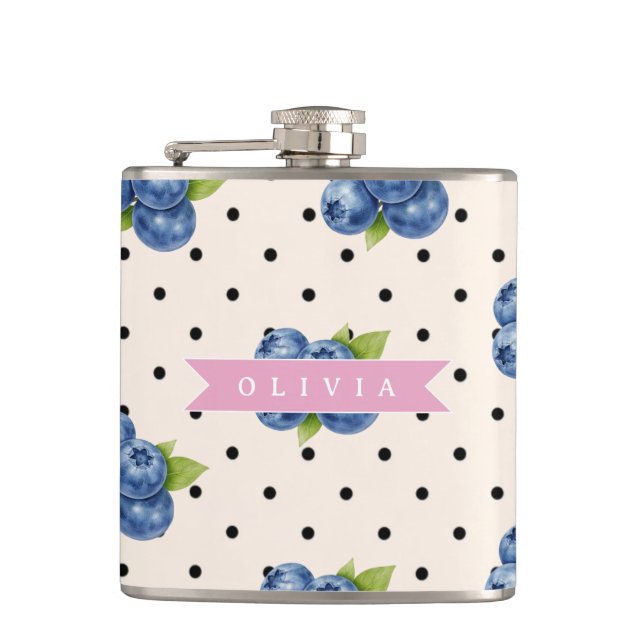 Personalised Blueberry Polka Dot Cute Vintage Hip Flask (Front)