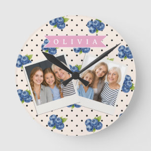 Personalised Blueberry Polka Dot Cute Vintage Round Clock