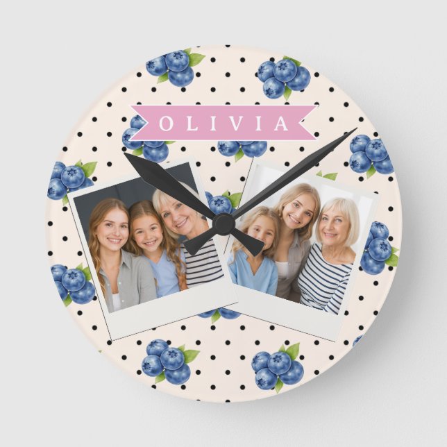 Personalised Blueberry Polka Dot Cute Vintage Round Clock (Front)