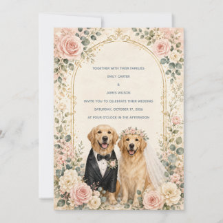 Personalised Blush Floral Golden Retriever Wedding Invitation