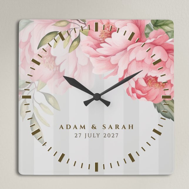 Personalised Blush Peony Wedding Gift for Couple Square Wall Clock (Creator Uploaded)