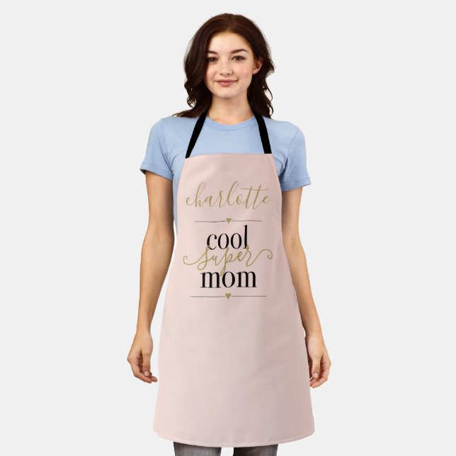 Personalised Blush Pink And Gold Cool Super Mum Apron (Worn)