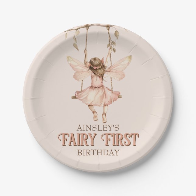 Personalised Blush Pink Fairy First 1st Birthday Paper Plate (Front)