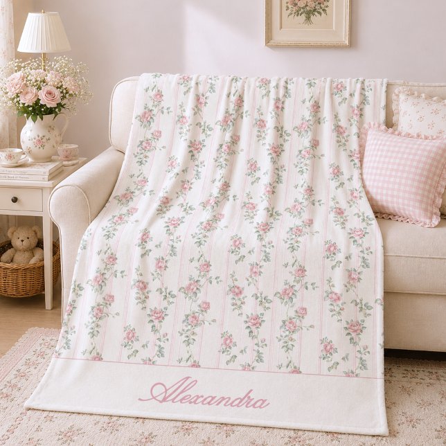 Personalised Blush Pink Floral Rose Fleece Blanket (grandmillennial shabby chic coquette floral blush pink rose fleece blanket with custom monogram name)