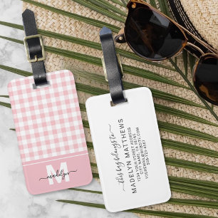 Personalised Blush Pink Gingham Monogram Luggage Tag