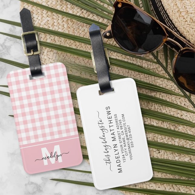 Personalised Blush Pink Gingham Monogram Luggage Tag (Personalized Blush Pink Gingham Monogram Luggage Tag )